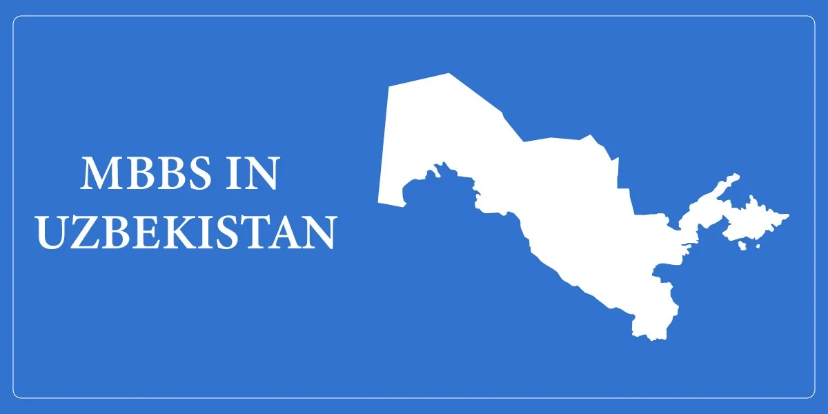 A blue background with a white silhouette of Uzbekistan on the right side. On the left, bold white text reads "MBBS IN UZBEKISTAN."