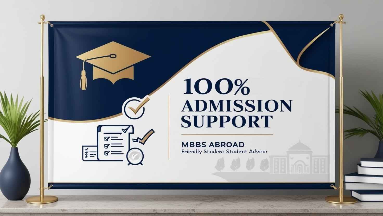 A graphic featuring a graduation cap, headphones, and a checkmark symbol, accompanied by the text "100% admission support," indicating comprehensive assistance for educational admissions.