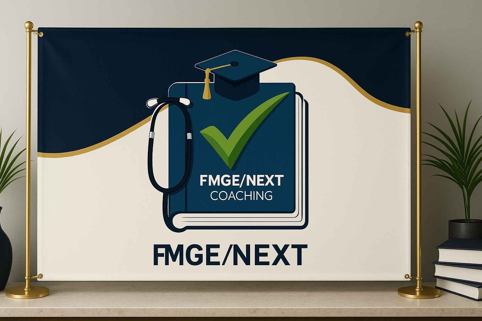 A blue book with a graduation cap and tassels on top, featuring a green checkmark and the text "FMGE/NEXT COACHING," symbolizing educational or coaching services related to medical exams.