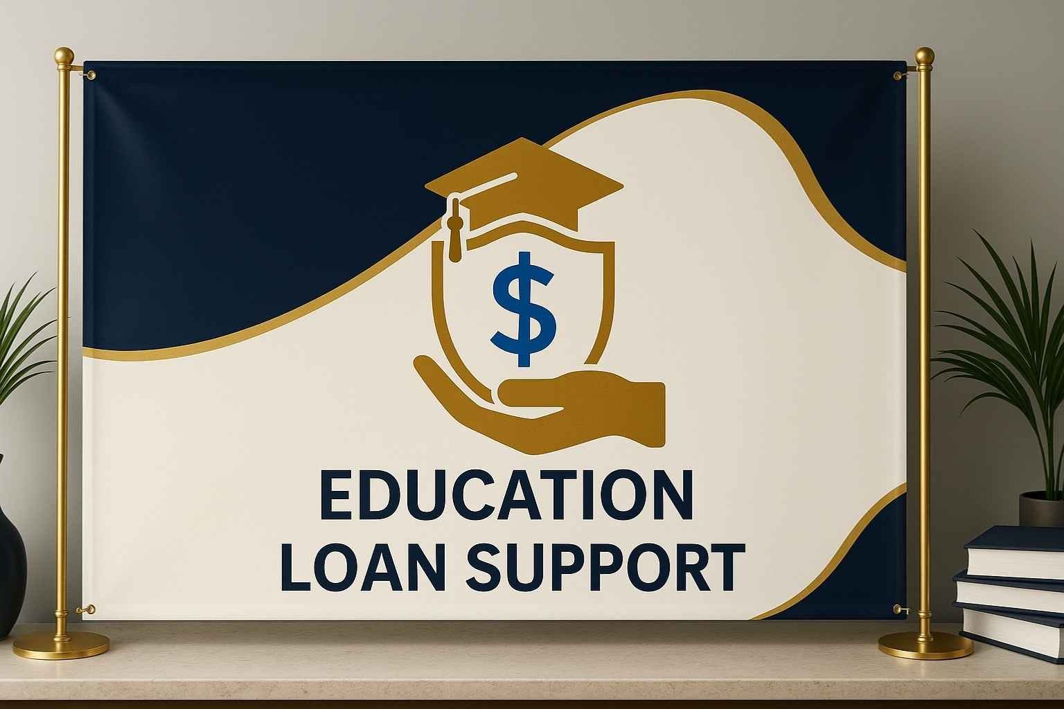 An icon depicting a hand holding a shield with a graduation cap and a dollar sign, symbolizing financial assistance for education. The text below reads "Education Loan Support."