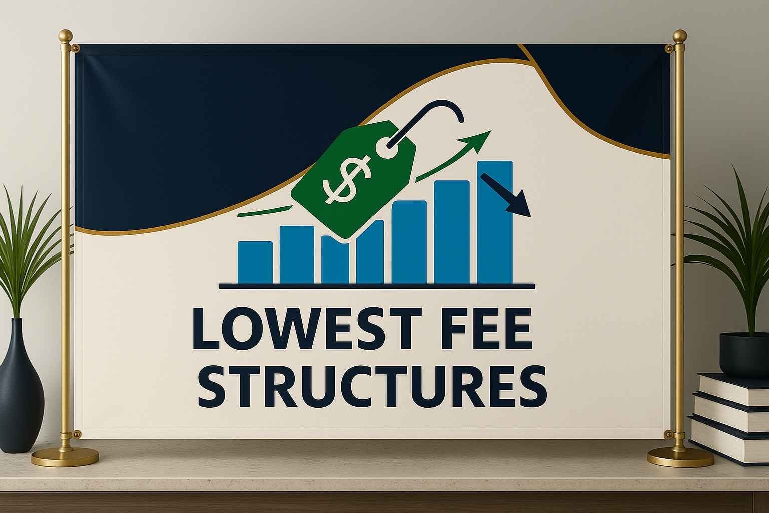 A graphic illustrating "Lowest Fee Structures" with a bar chart showing increasing values, accompanied by a green price tag with a dollar sign and an upward arrow, symbolizing cost-effectiveness and affordability.