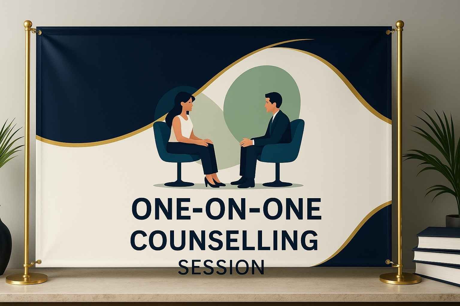 An illustration of two individuals sitting in chairs facing each other, with the text "ONE-ON-ONE COUNSELLING SESSION" below, symbolizing a personalized and focused counseling interaction.